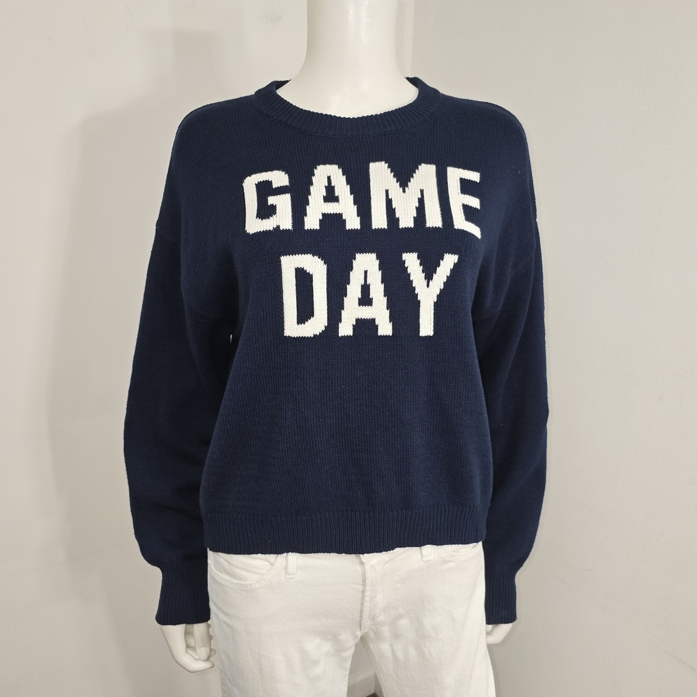 Jessican Simpson Game Day Football Sweater Womens Size M Navy Intarsia Preppy